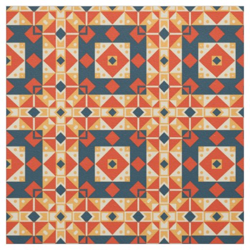 Red Blue Orange Geometric Moroccan Bohemian Mosaic Fabric