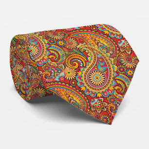 Red Blue Orange Yellow Gold Paisley Floral Pattern Neck Tie