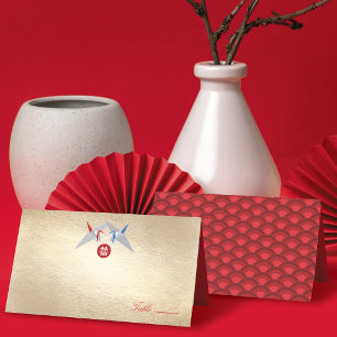 Red/Blue Origami Paper Cranes 囍 Chinese Wedding Place Card