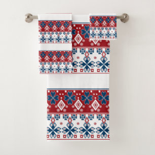 Red blue ornament bath towel set