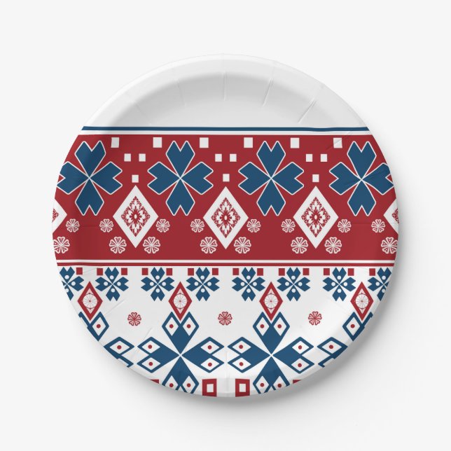 Red blue ornament paper plates (Front)