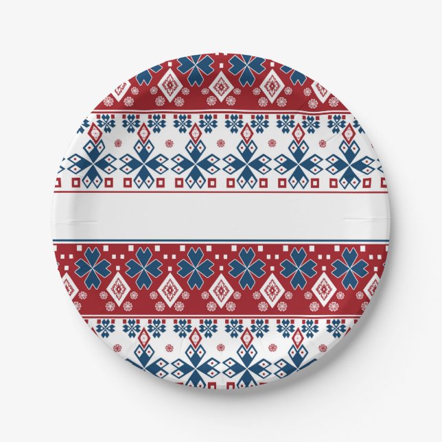 Red blue ornament paper plates (Front)