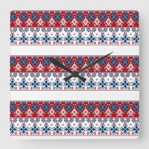Red blue ornament square wall clock