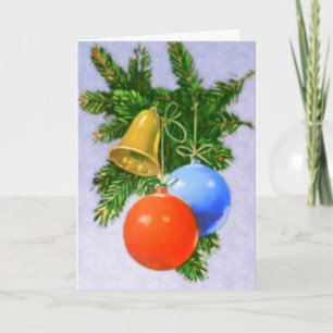 Red, Blue Ornaments And Gold Bell Greetings Card