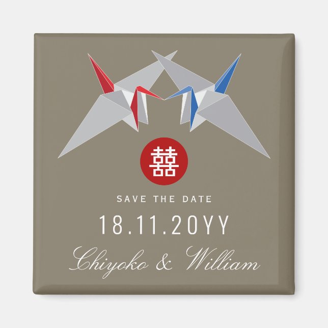 Red Blue Paper Cranes Asian Wedding Save The Date  Magnet (Front)