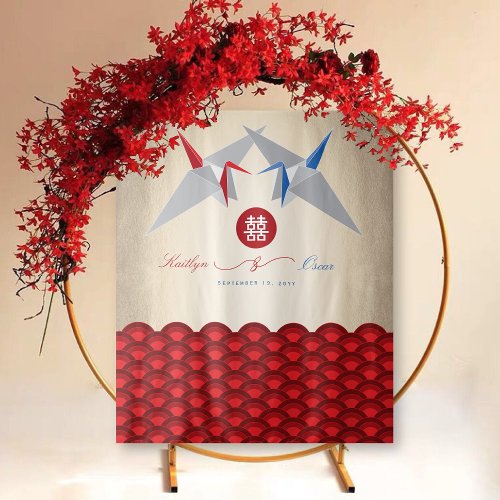 Red  Blue Paper Cranes Double Happiness Wedding Tapestry