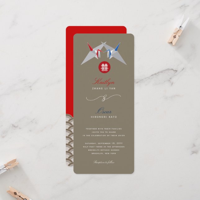 Red & Blue Paper Cranes Origami Chinese Wedding Invitation (Front/Back In Situ)