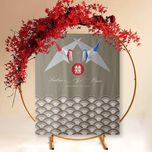 Red & Blue Paper Cranes Origami Chinese Wedding Tapestry (Red & Blue Paper Cranes Origami & Circle Double Happiness, Chinese Wedding Photo Backdrop Tapestry)