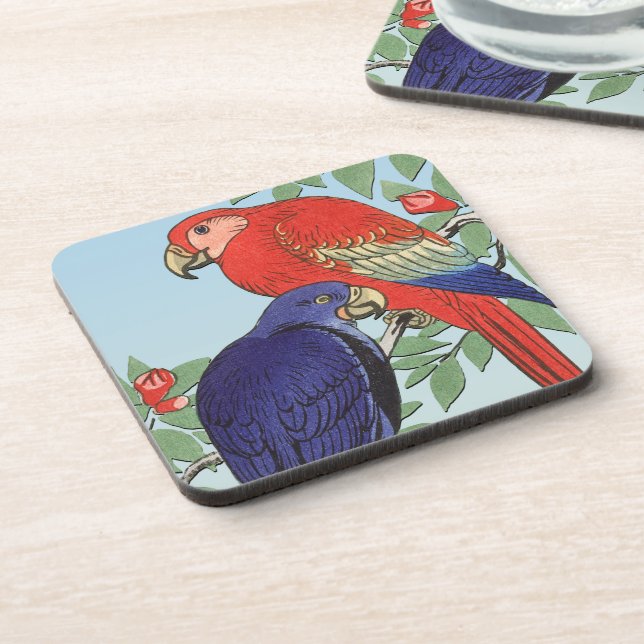 RED BLUE PARROTS BEVERAGE COASTER (Left Side)