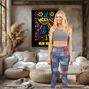 Red & Blue Patchwork Denim Modern Rustic Pattern Capri Leggings