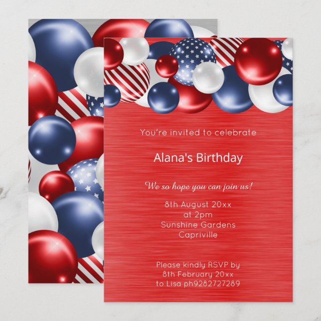 RED BLUE PATRIOTIC BALLOON  BIRTHDAY  INVITATION (Front/Back)