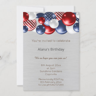 RED BLUE PATRIOTIC SILVER 2 BALLOON BIRTHDAY INVITATION