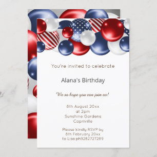 RED BLUE PATRIOTIC SILVER 2 BALLOON BIRTHDAY  INVITATION