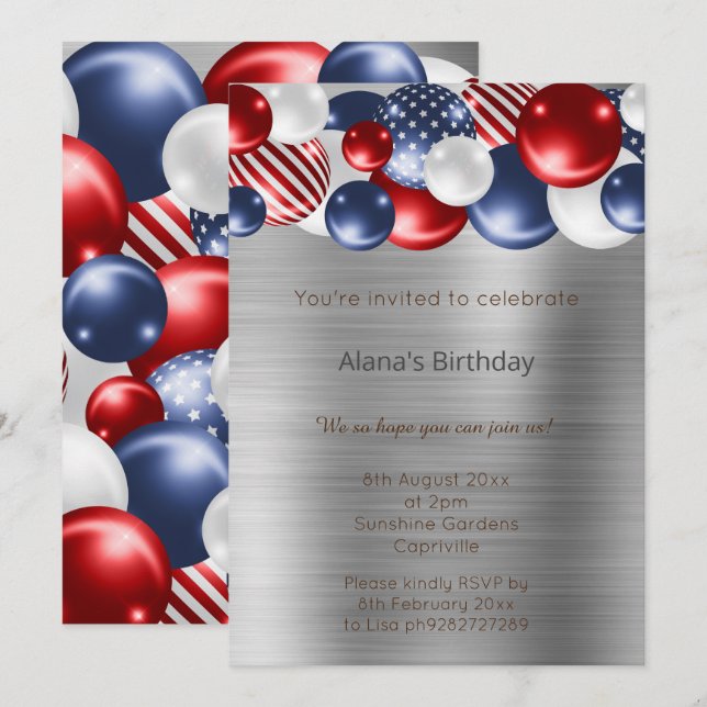 RED BLUE PATRIOTIC SILVER BALLOON BIRTHDAY  INVITATION (Front/Back)