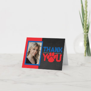 Red & Blue Paw Print Graduation 2 Photo Folding Letterpress Thank You Card