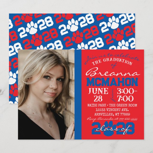 Red & Blue Paw Print Graduation Photo Invitation (Front/Back)