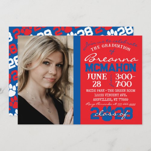 Red  Blue Paw Print Graduation Photo Invitation