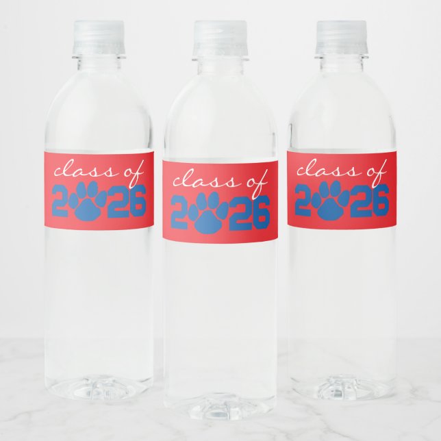Red & Blue Paw Print Graduation Water Bottle Label (Bottles)