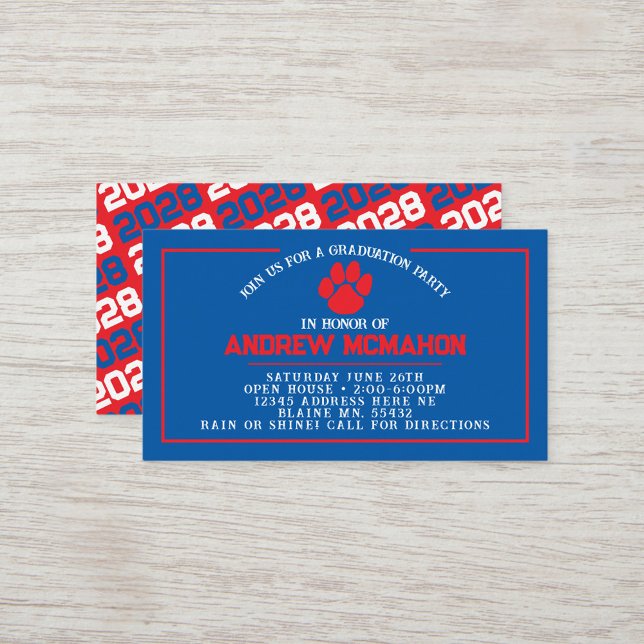 Red & Blue Pawprint Mini Graduation Invites (Blue and Red Paw Mini Graduation Invites for Friends, Team Mates or as Inserts!)