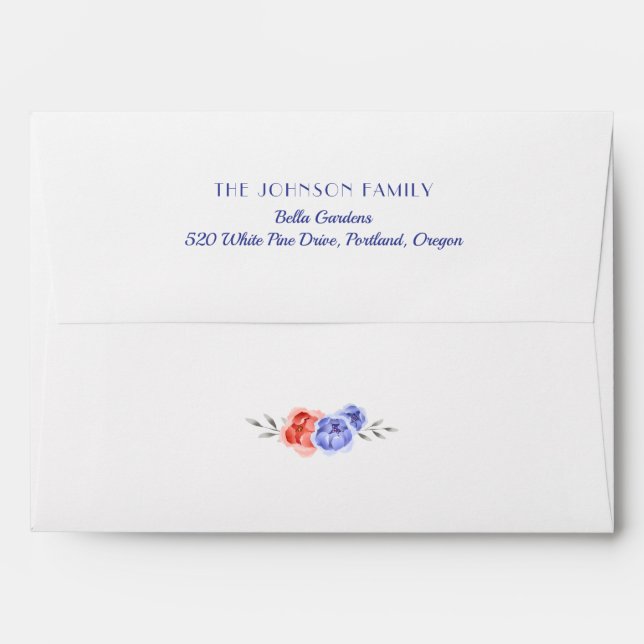 Red Blue Peonies Return Address Envelope (Back (Top Flap))