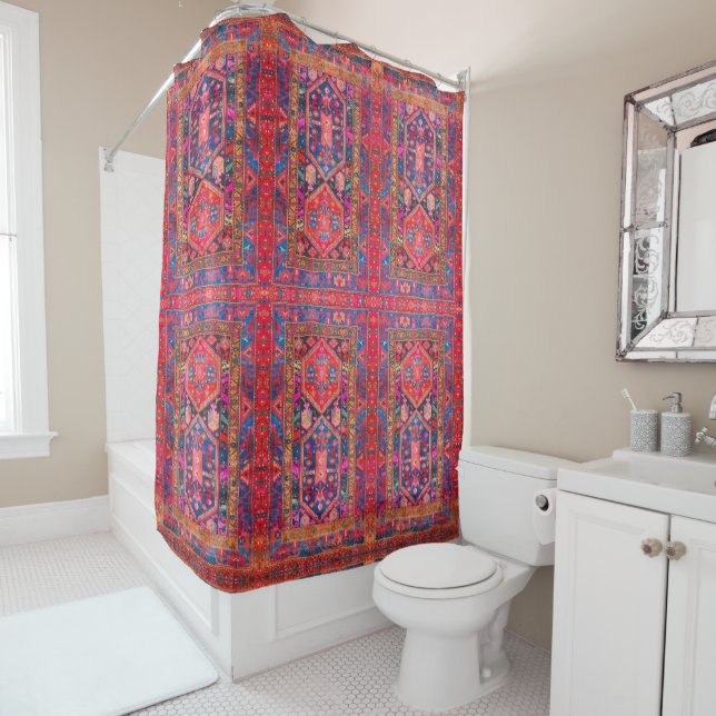 Red + Blue Persian Rug Oriental Carpet Print Shower Curtain (In Situ)