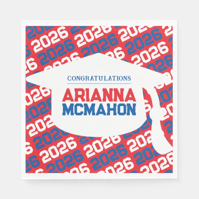 Red & Blue Personalized Graduation Cap Paper Napkins (Front)