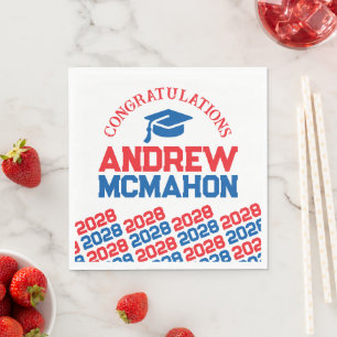 Red & Blue Personalized Graduation Party Paper Napkins