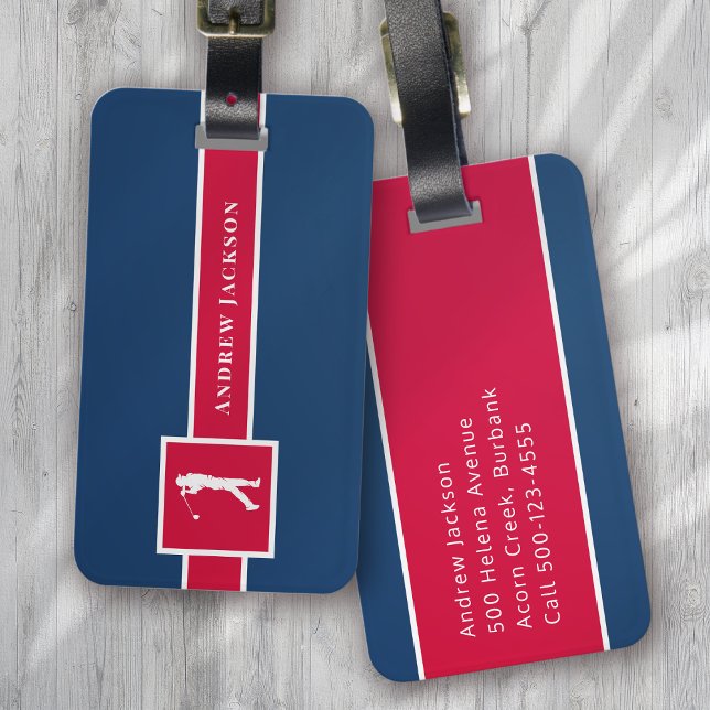 Red Blue Personalized Monogram Golfer Luggage Tag (Creator Uploaded)