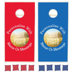 Red Blue Personalized Photo Circle Cornhole Set