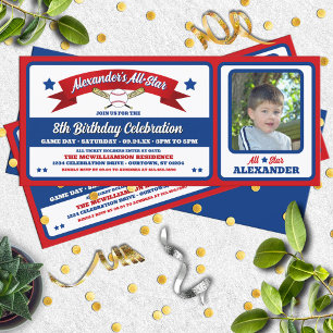 Red & Blue Photo Baseball Game Ticket Birthday Invitation