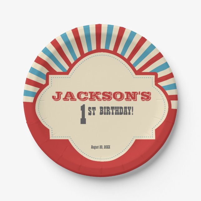 Red blue Photo circus themed 1st birthday Paper Plates (Front)