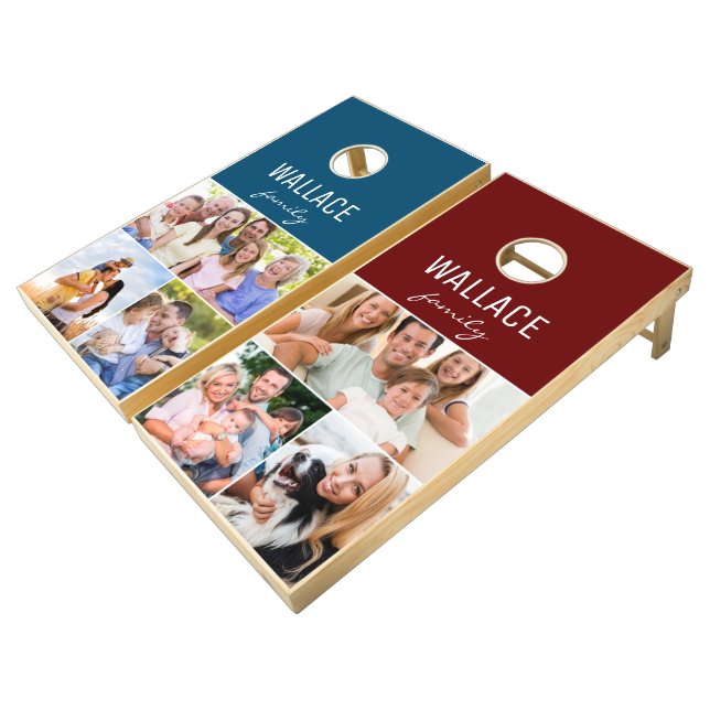Red Blue Photo Collage Family Reunion Personalized Cornhole Set (Angled)