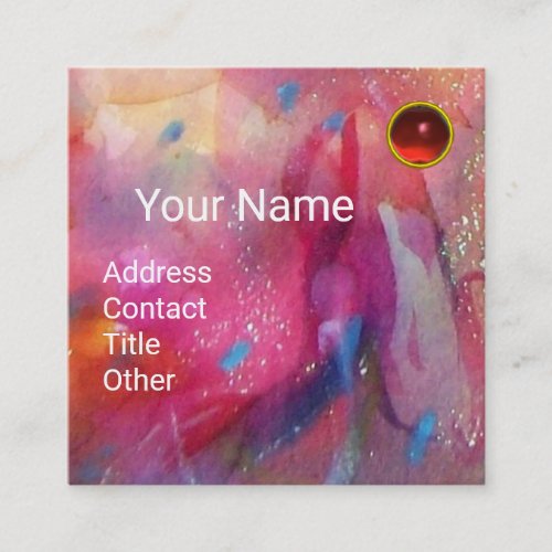 RED BLUE PINK ABSTRACT WATERCOLOR Ruby Gemstone Square Business Card