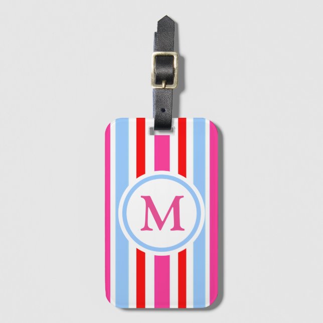Red Blue Pink Candy Stripes Monogram Luggage Tag (Front Vertical)