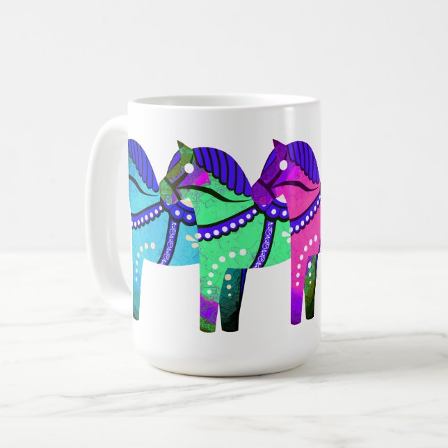 Red/blue/pink/green Nordic Folk Dala horse Coffee Mug (Front Left)