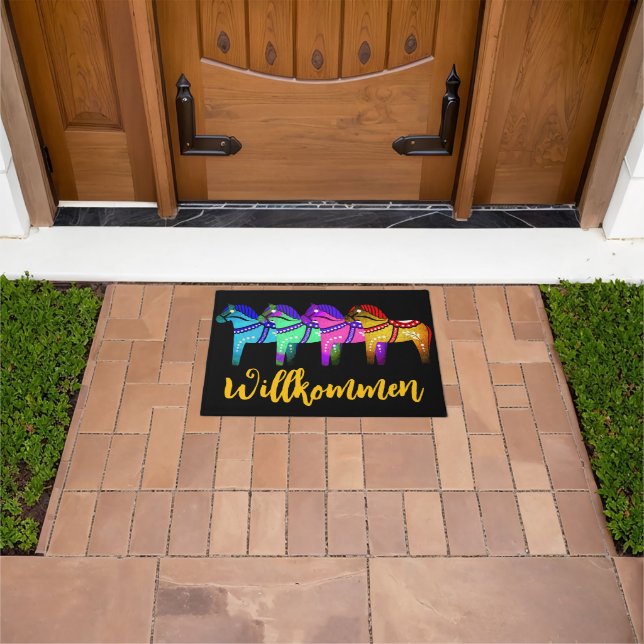 Red/blue/pink/green Nordic Folk Dala horse Doormat (Outdoor)