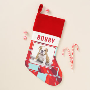 Red Blue Plaid Bulldog Dog Photo Christmas Stocking