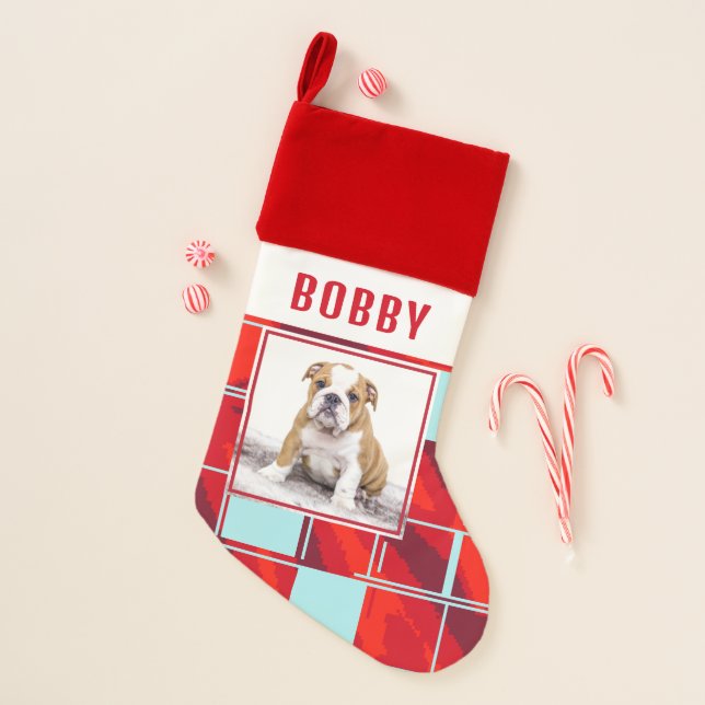Red Blue Plaid Bulldog Dog Photo  Christmas Stocking (Front)
