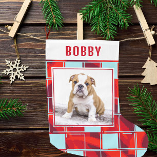 Red Blue Plaid Bulldog Dog Photo Merry Christmas Large Christmas Stocking