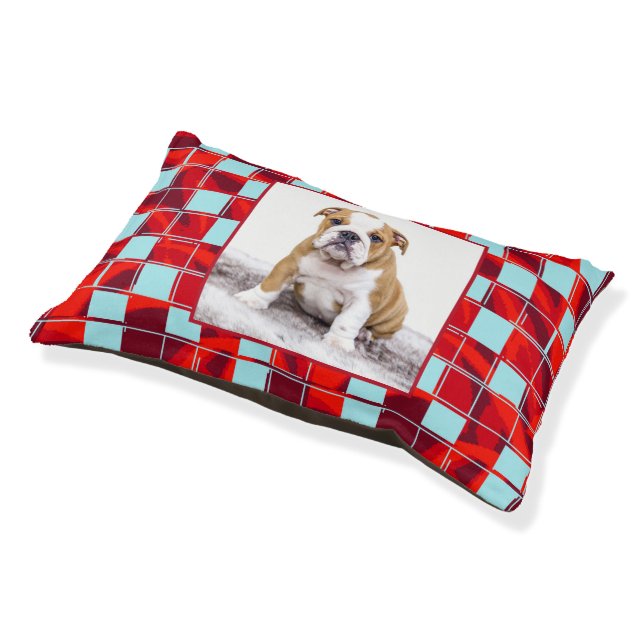 Red Blue Plaid Bulldog Dog Photo Pet Bed (Angled)