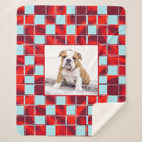 Red Blue Plaid Bulldog Dog Photo Sherpa Blanket