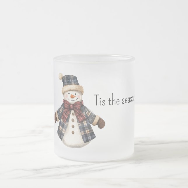Red Blue Plaid Christmas Snowman Frosted Glass Coffee Mug (Center)