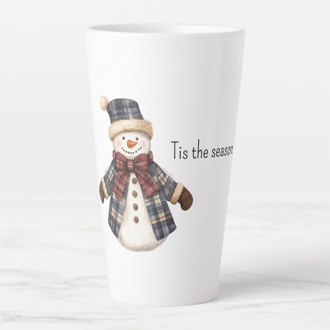 Red Blue Plaid Christmas Snowman Latte Mug (Front)