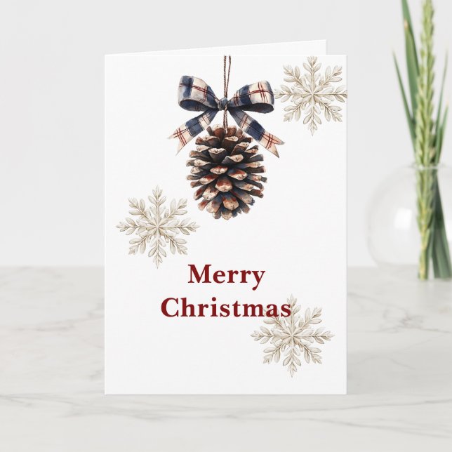 Red Blue Plaid Cream Bow Pine Cone Christmas Card (Front)