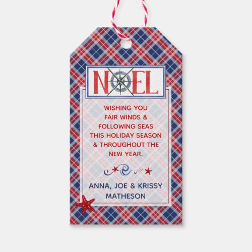 Red  Blue Plaid Photo NOEL Nautical Gift Tags