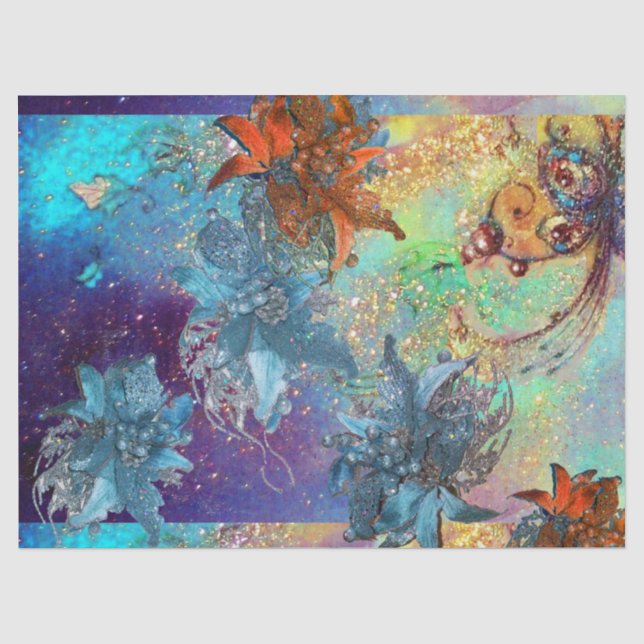 RED BLUE POINSETTIAS ,BUTTERFLY IN GOLD SPARKLES TISSUE PAPER (Front)