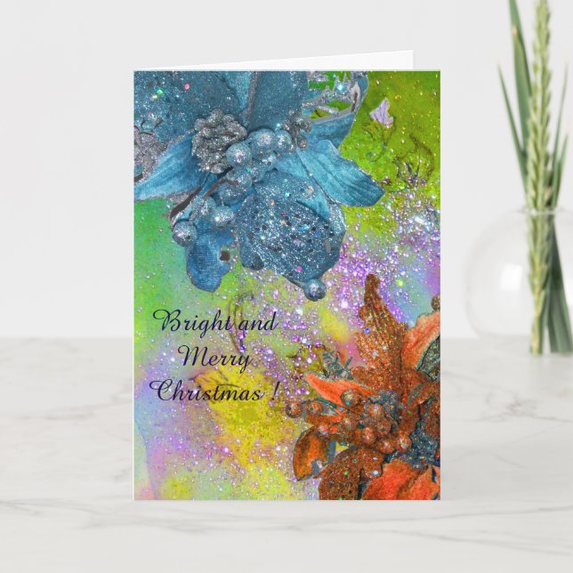 RED BLUE POINSETTIAS,CHRISTMAS STARS,GOLD SPARKLES HOLIDAY CARD (Front)