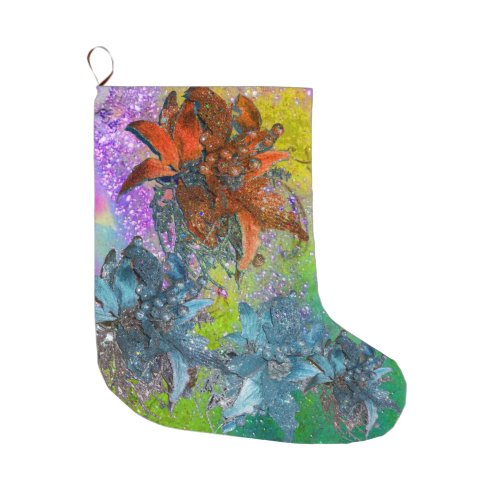 RED BLUE POINSETTIASCHRISTMAS STARSGOLD SPARKLES LARGE CHRISTMAS STOCKING