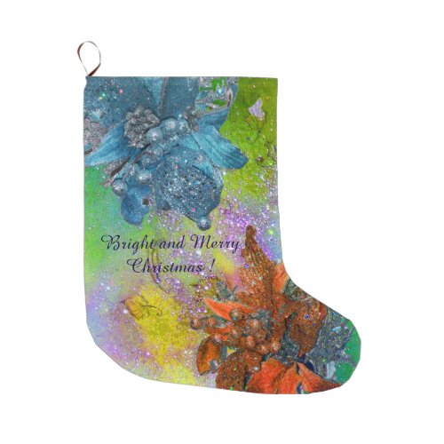 RED BLUE POINSETTIASCHRISTMAS STARSGOLD SPARKLES LARGE CHRISTMAS STOCKING