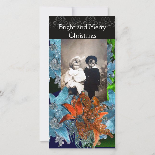 RED BLUE POINSETTIAS,CHRISTMAS STARS IN SPARKLES HOLIDAY CARD (Front)